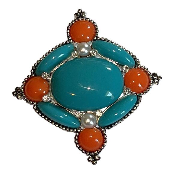 Brooch Faux Turquoise Coral Pearl Rhinestone Cabochon Pin Silver Plate Vintage - Picture 1 of 5